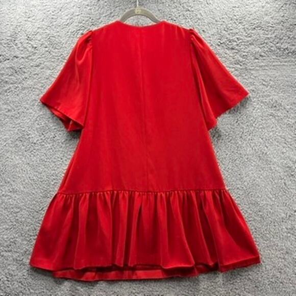 FRNCH Red Dress S/M Short Sleeves Flair Bottom Flowy Cocktail Party - Picture 2 of 9